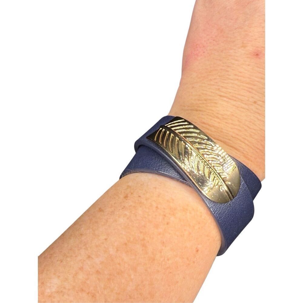 Armani Exchange Navy Leather Wrap Bracelet with Gold Leaf Plate